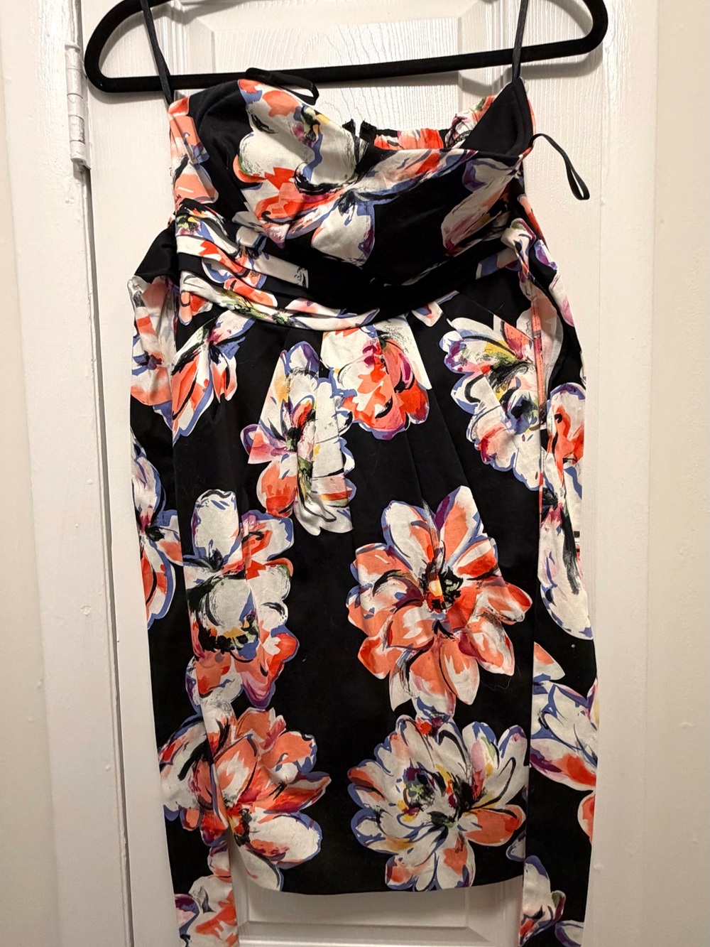 Snap Black Strapless Dress with Orange, White & Purple Floral Trim